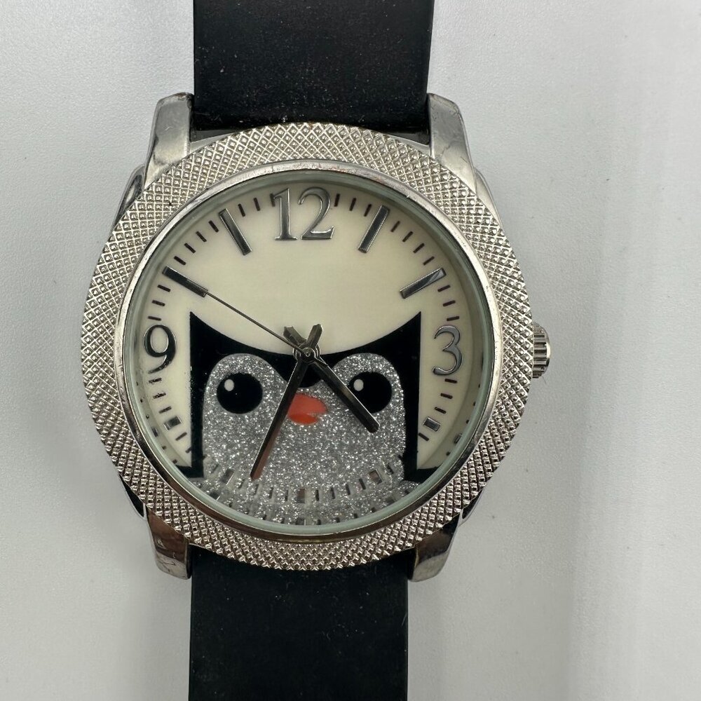 3/$30 Penguin Watch Women Silver Tone Glitter Dial Black Silicone Band